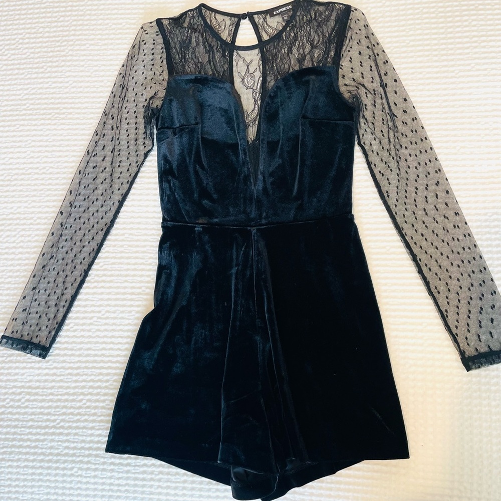 Express Black Velvet Sheer Lace Long Sleeve Romper XXS